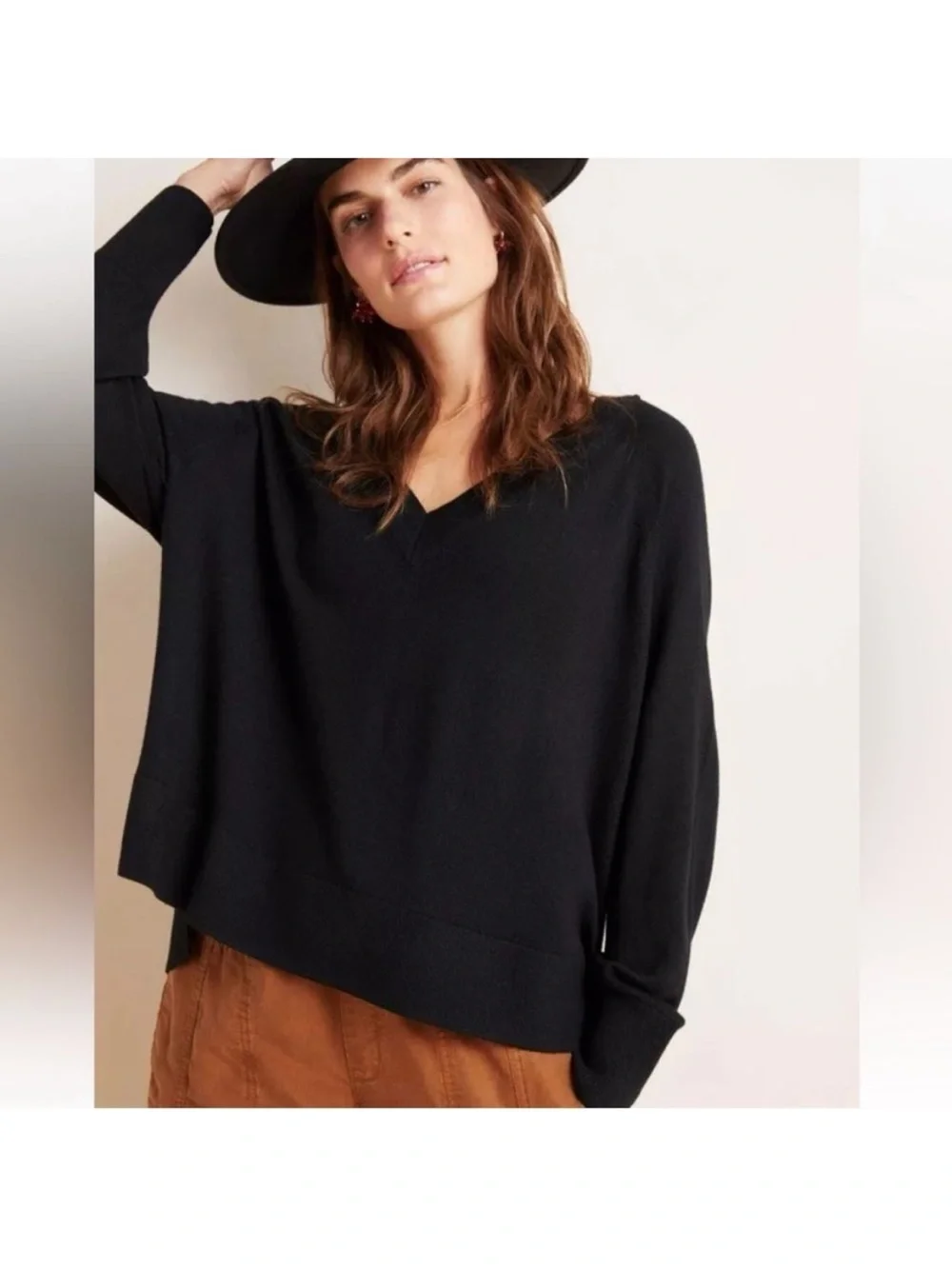 Anthropologie S 100% merino wool gabby oversized sweater v-neck high low hemline
